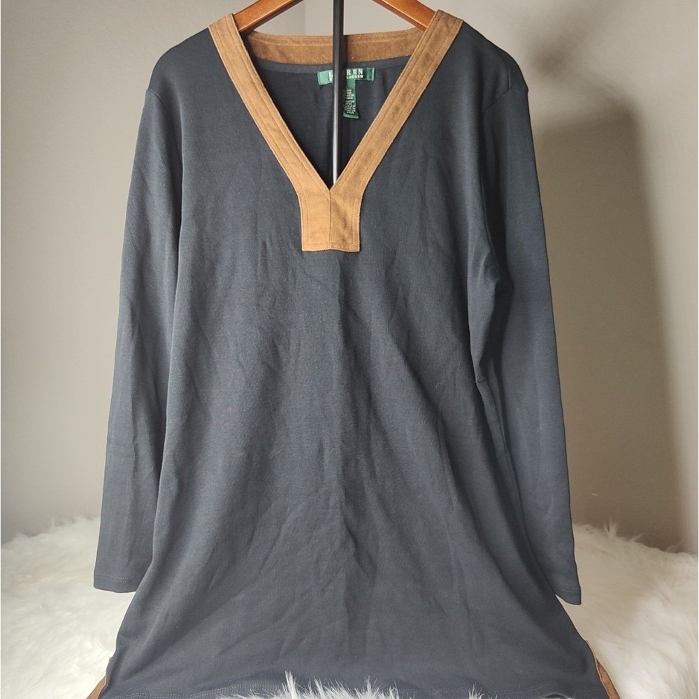 Lauren Ralph Lauren Long Sleeve Top Women L Black Crew Neck Slim Fit Basic